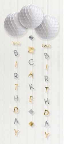 La mulți ani Set decorativ suspendat Silver, Gold Happy Birthday, 3 bucăți