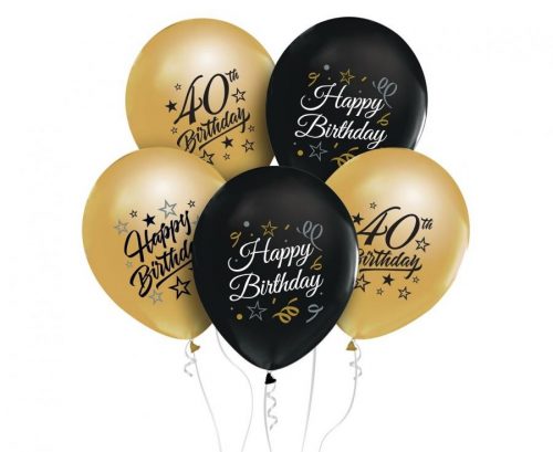 La mulți ani Gold-Black Balon Colorat Happy Birthday 40, 5 buc 12 inch (30 cm)