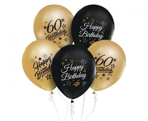 La mulți ani Gold-Black Baloane Colorate Happy Birthday 60, set 5 buc 12 inch (30 cm)