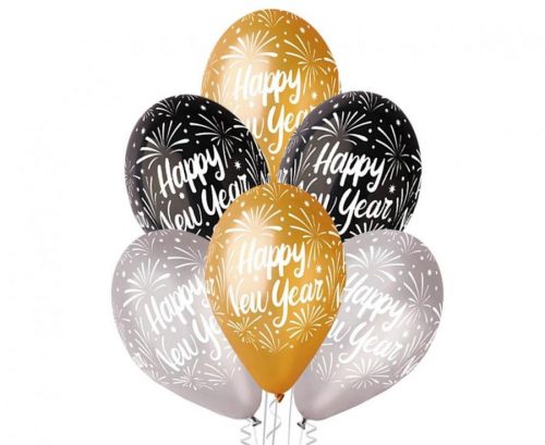 An Nou Fericit! Happy New Year Gold Silver Black balon, 6 buc 12 inch (30 cm)