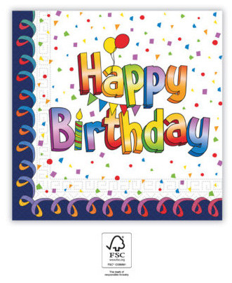 La mulți ani Multicolor Șervețel Happy Birthday 20 buc 33x33 cm FSC